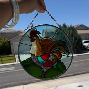 Vintage Stained Glass Hanging   Panel  colorful rooster sunburst 7”